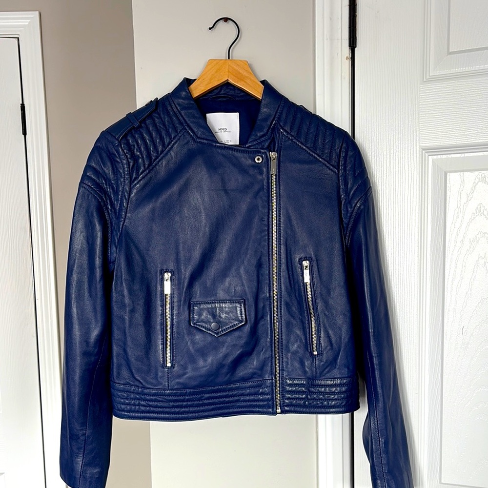 Mango Blue Genuine Leather Jacket